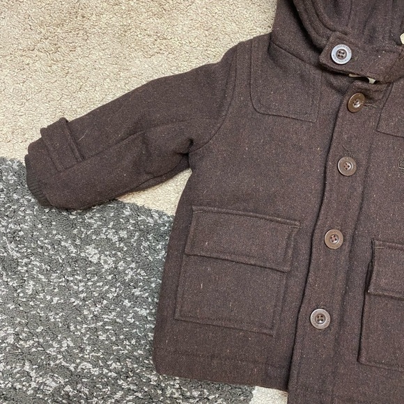 TIMBERLAND chocolate brown wool blend button down hooded coat size 12 month - Picture 2 of 9